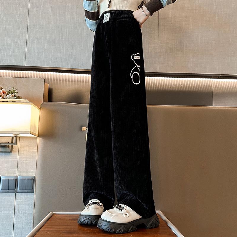 Girls' Fleece-Lined Cartoon Bear Wide-Leg Pants for Autumn/Winter