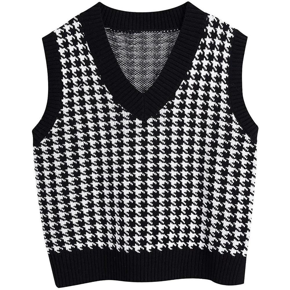 Loose Knitted Vest Sweater Women Sleeveless Thick Vintage Sweater Vest Female Waistcoat Chic Tops  Houndstooth Women Clothing