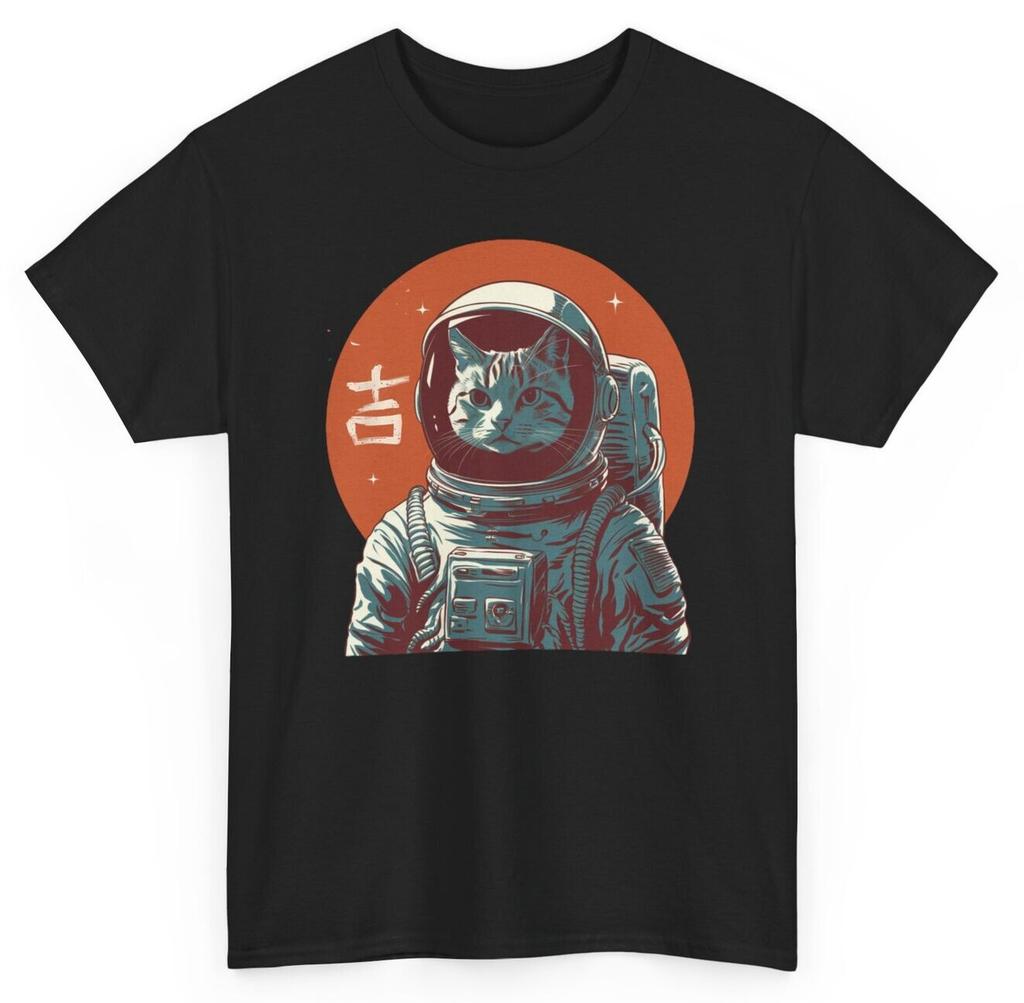 Retro Astronaut Cat T-shirt - Minimalist Japanese Feline Unisex Graphic Tee