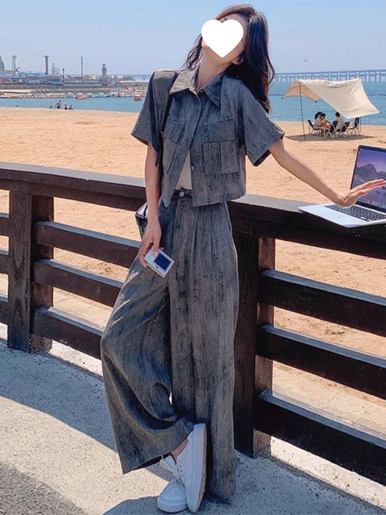 Mode Anzug Damen Sommer Leichte Reife Schönheit Kurzarm Hemd Oberteil Lässig Weitbeinige Hose Zweiteiliges Set