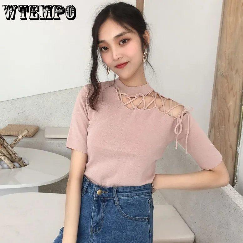 WTEMPO Koreanisch Chic Ausgeschnitten Schräge Schulter Kurzarm T-Shirts Damen Sommer Einfarbig Slim Fit Stricktops