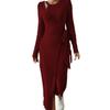 Women Fall Winter Knitted Solid Color Wrap Dress Hollow Out Lace Up Waist Round Neck Long Sleeve Irregular Hem Elastic