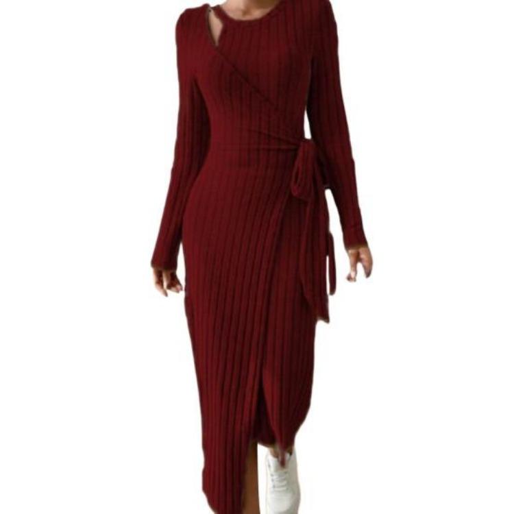 Women Fall Winter Knitted Solid Color Wrap Dress Hollow Out Lace Up Waist Round Neck Long Sleeve Irregular Hem Elastic S вино красного