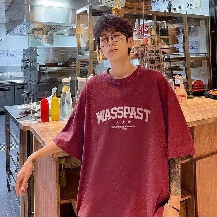 

Новая летняя футболка с короткими рукавами для мужчин, тренд в корейском стиле, простой топ с короткими рукавами, свободная повседневная брендовая футболка в гонконгском стиле 5XL вино красного