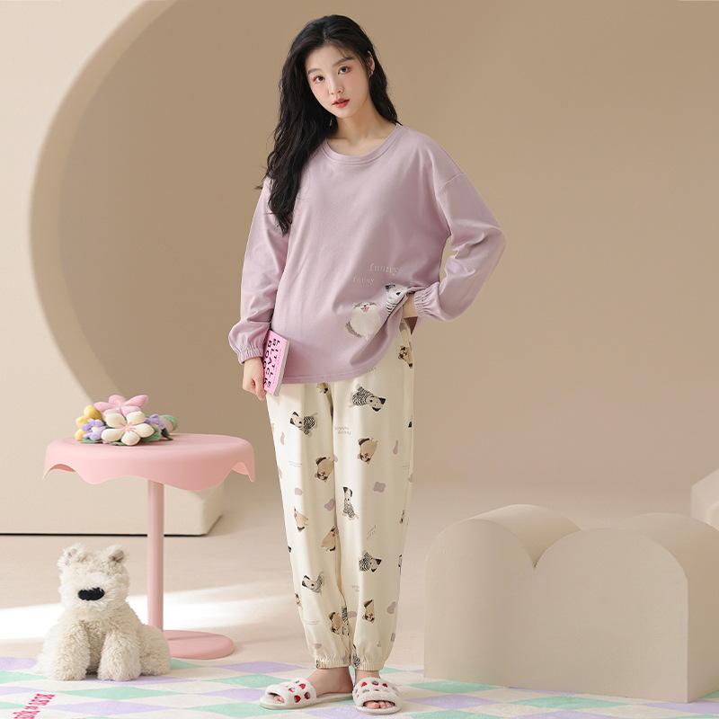 Pure cotton pajamas women's spring and autumn 1011 new autumn long-sleeved loose self-brought chest pad homewear tied foot set