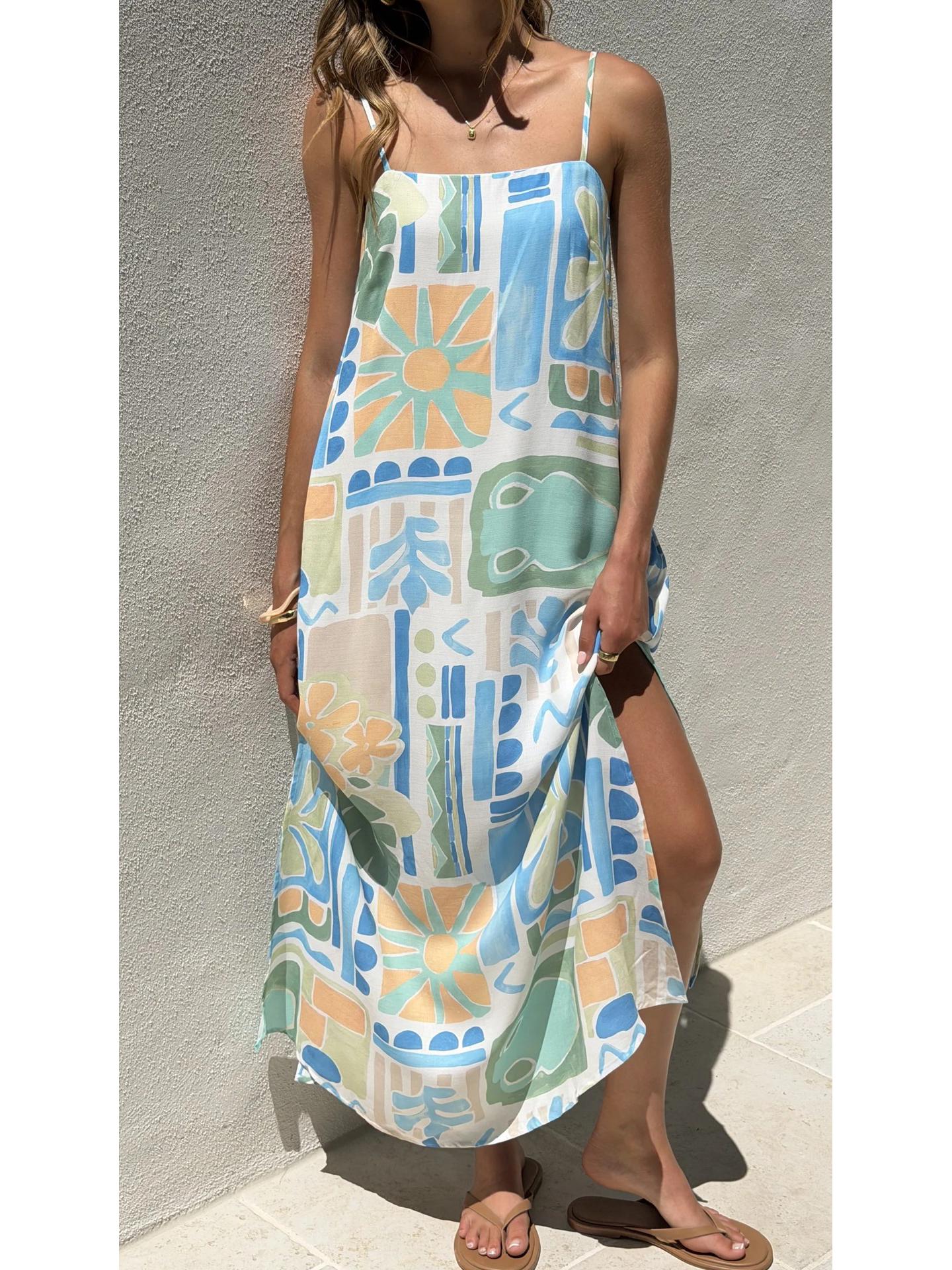 Europe 2025 Linen Spaghetti Strap Casual Vacation Dress XXL цветочный