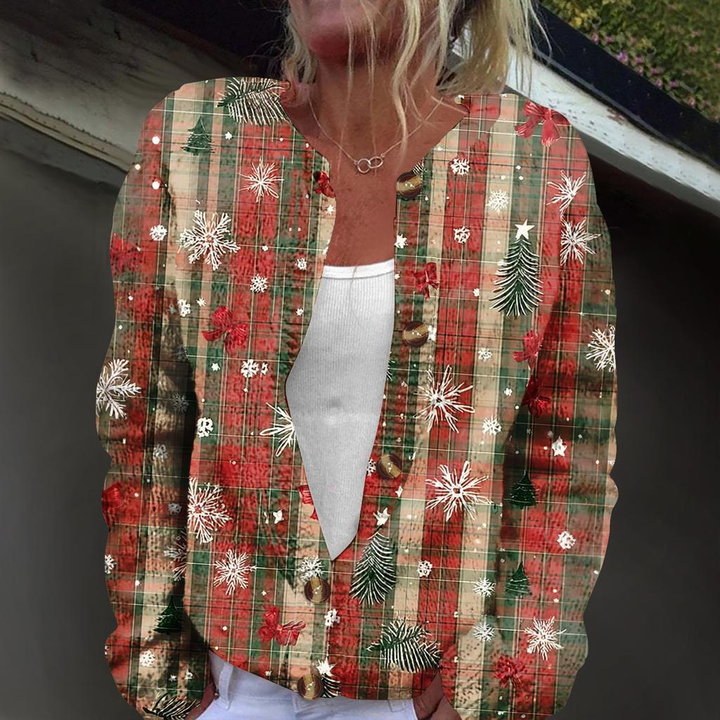 Mote for kvinner Juleprint Langermet Strikket Cardigan Knappejakke