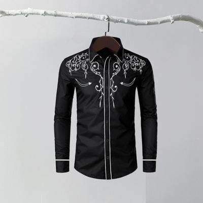 Men Western Cowboy Shirt Lapel Collar Single-breasted Long Sleeve Embroidery Slim Fit Casual Shirt Top