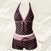Trajes de baño para mujer Lunares Conjunto Tankini de 2 Piezas Halter Cuello en V Lazo Frontal Top Camisola y Pantalones Cortos de Baño con Cintura Contrastante y Cordón