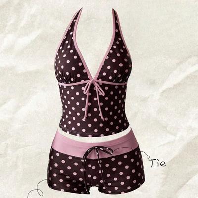 Women Swimwears Polka Dot 2-Piece Tankini Set Halter V Neck Front Tie Cami Top & Contrast Waistband Drawstring Swim Shorts