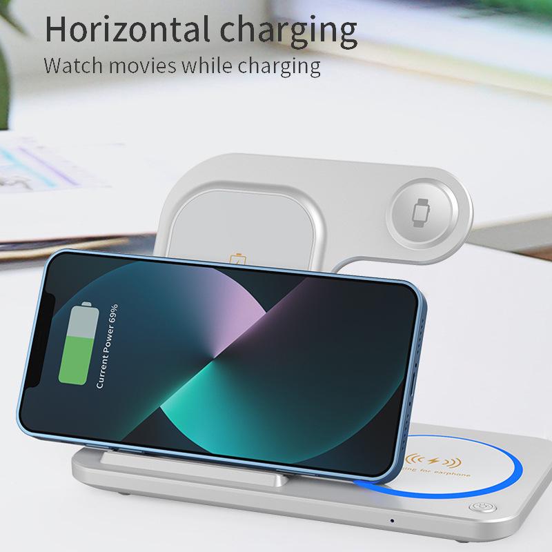 3-in-1 Multifunctional Earphone Watch Stand with Double Coil Wireless Charger and Light Folding Feature.