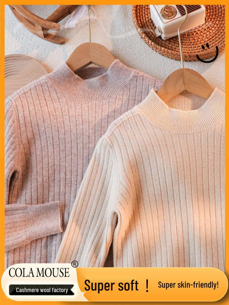 2025 A/W Kids' Ribbed Semi-High Neck Sweater - Warm Knitted Base for Boys & Girls