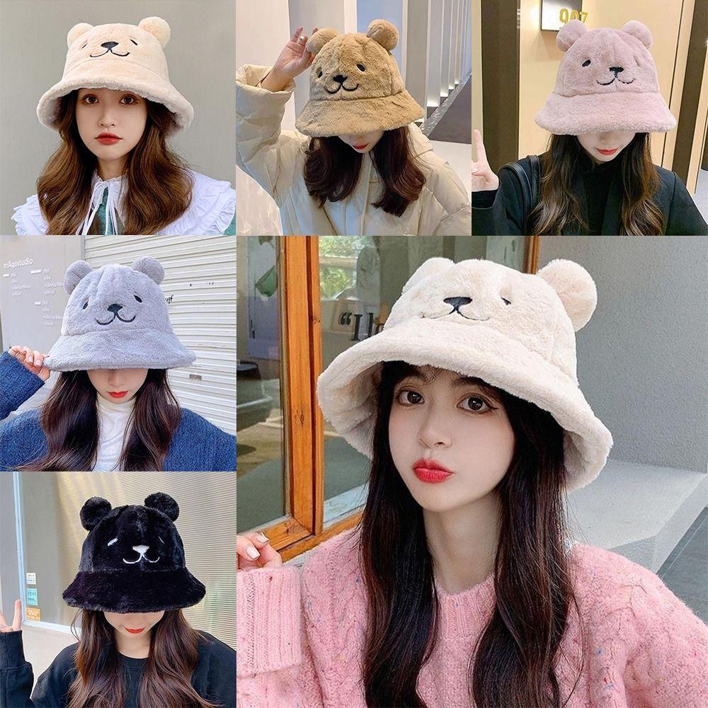 Fashion Cute Bear Ears Fur Bucket Hat Thick Soft Women'S Fisherman Hat Warm Basin Hat Autumn Winter