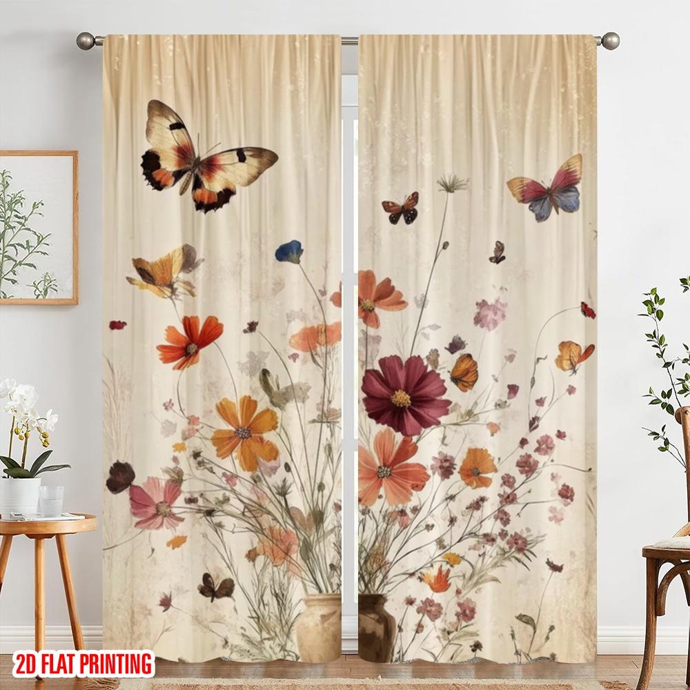 2pcs,2D Plane Printing Curtains Roller Blinds Fluttering Blooms(1) Versatile Polyester (without Rod) Festive Use for Bedroom,