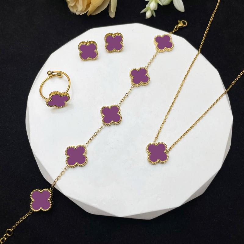 4 Piece Lucky Clover Jewelry Set Women Necklace Bracelet Earrings Ring In Titanium Steel With Electroplating