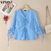VONDA Women Summer V Neck Long Sleeve Drawstring Ruffled Plaid Casual Blouse