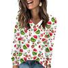 Women's Fashionable Loose-Fit V-Neck Long-Sleeved T-Shirt Christmas Print Pullover