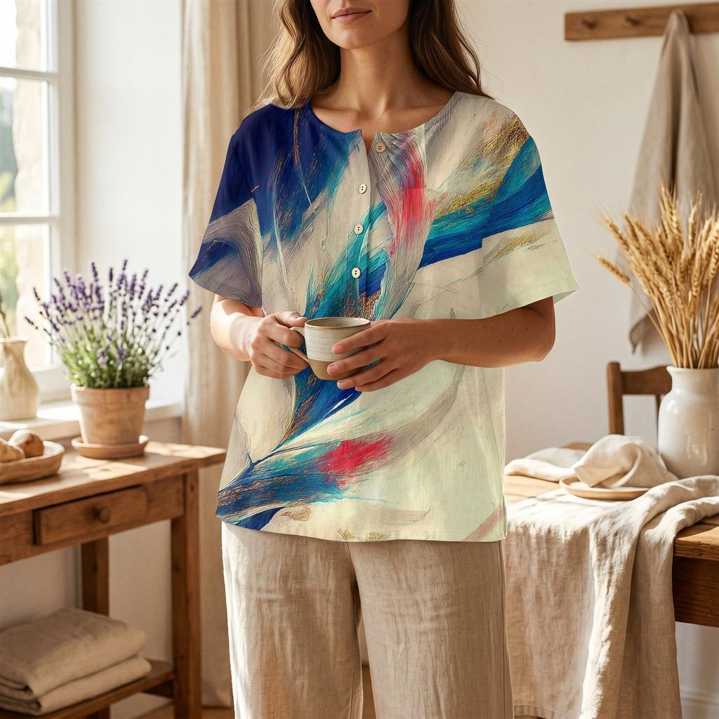 Damen Kurzarm Henley Hemd mit Knopfleiste Leinen Baumwollmischung Freizeit Brusttasche Bedrucktes Oberteil