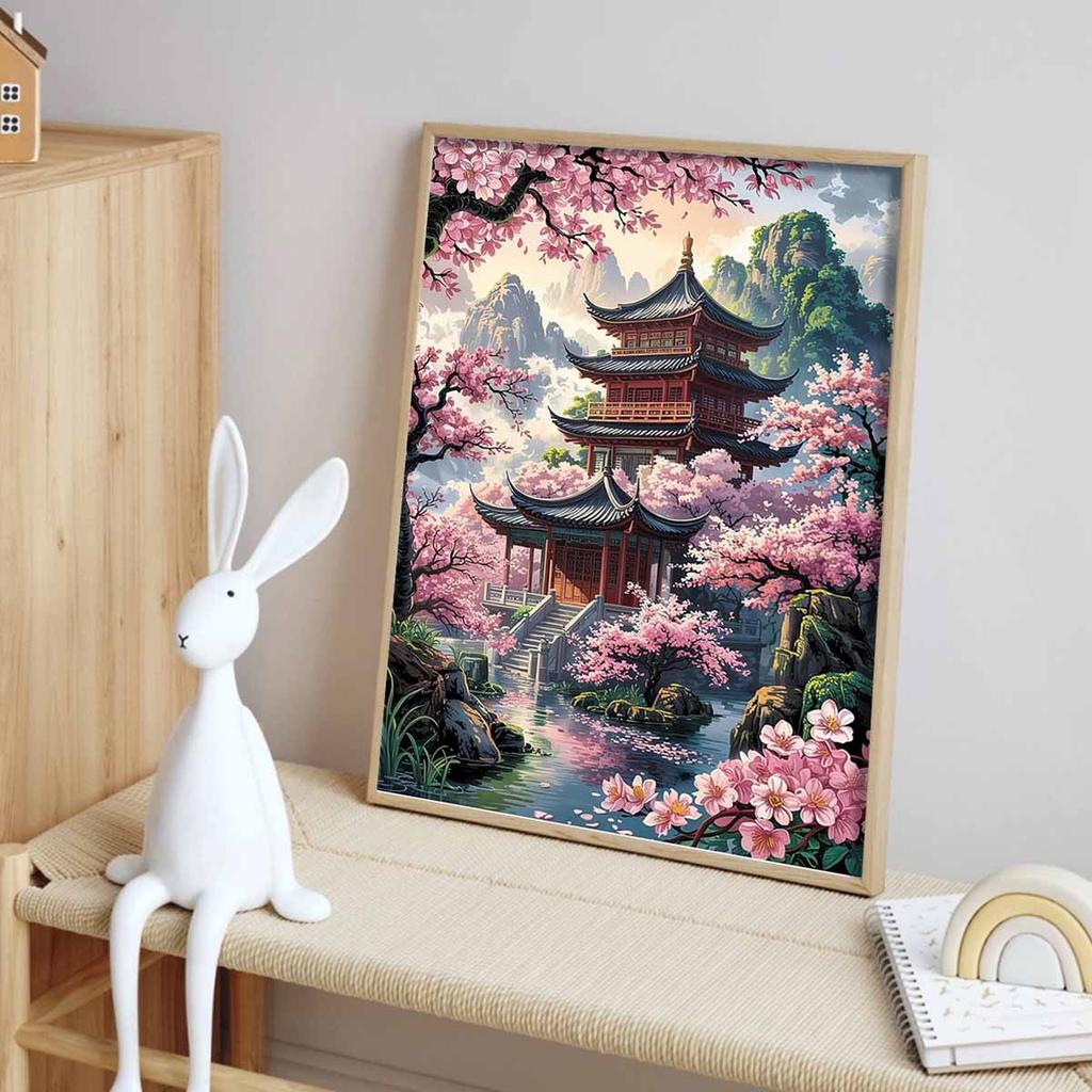 Diamond Painting Set DIY 5D Full Diamond Chinese Pavilion Cherry Blossom Scenery Crafts for Home Wall Decoration
