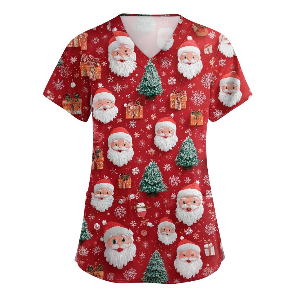 Women's V-neck Christmas printed short-sleeved pocket side-slit protective suit top