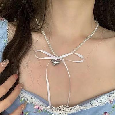 Baroque Style Light Luxury Double Layer Pearl Necklace Metal Heart Bow Ribbon Choker Collarbone Chain for Women