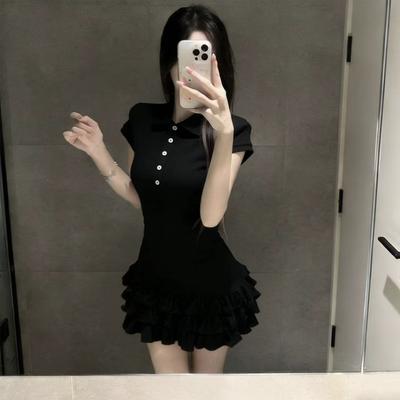 Black POLO Neck Short-sleeved Dress for Women's Summer New Academic Style Slim-fitting, Light and Elegant, Thin Cake Skirt