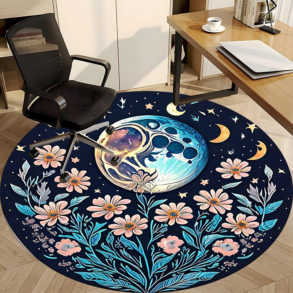 1pc Moon Flowers Office Round Area Rug, Mat Suitable For Office, Under Office Chairs Bedroom Living Room Home Decor, Room Deco