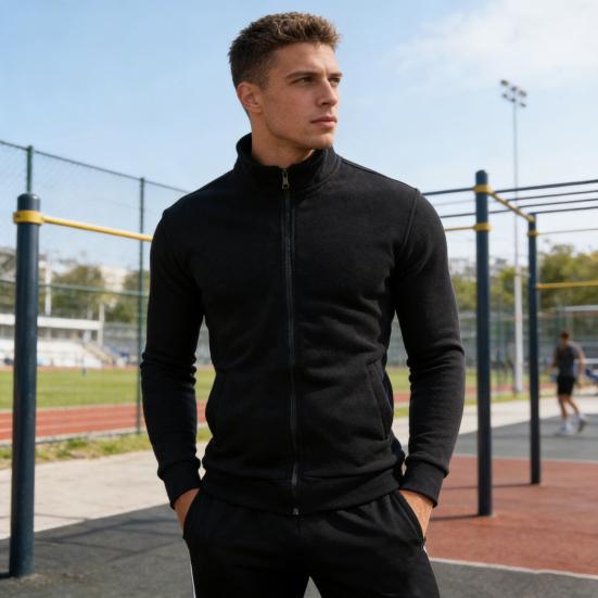 Men Zip-up Sweatshirt Mock Neck Long Sleeve Jacket Solid Color Full Zip Casual