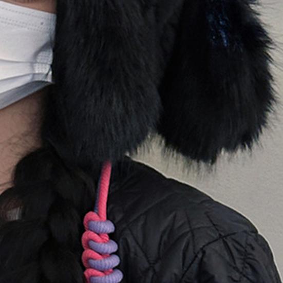 Winter Hat Rabbit Ear Decor Lace-up Elastic Warm Hat Winter Thickened Plush Windproof Lei Feng Hat Cold Weather Hat