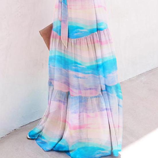 Dámské šaty s odhalenými rameny, květinový potisk, tenké, velký lem, pásek, maxi šaty, streetové oblečení