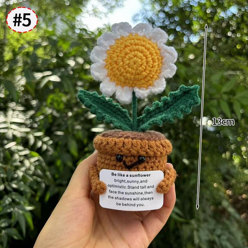 Handmade Crochet Flower Sunflower Potted Knitted Wool Ornament Auto Interior Funny Stress Relieving Decor With Positive Card