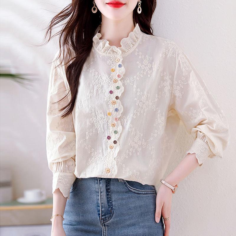 

Ретро Вышивка Жаккардовая Рубашка для Женщин Весна и Осень Повседневная Рубашка Топ со Стойкой S абрикосовый