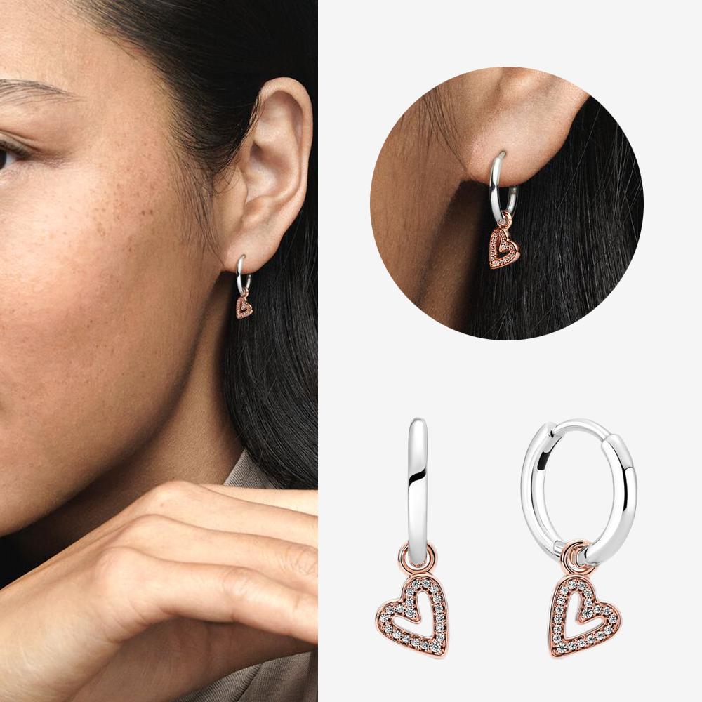 Authentic 925 Silver Cherry Blossom Bow Heart Hoop Stud Drop Earrings plata de ley Jewelry DIY Birthday Gift Original