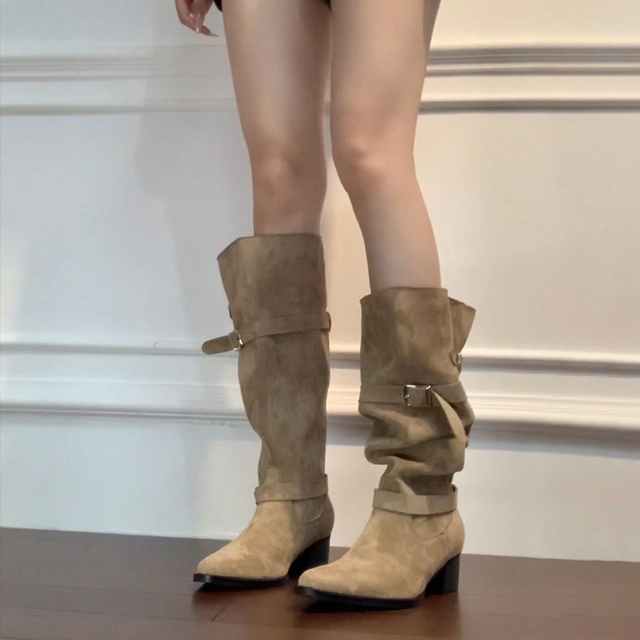 Cowhide Version~ Thick Heel Leather Retro Long Boots Women's Belt Buckle Pleated Stacking Boots Tall Western Cowboy Boots