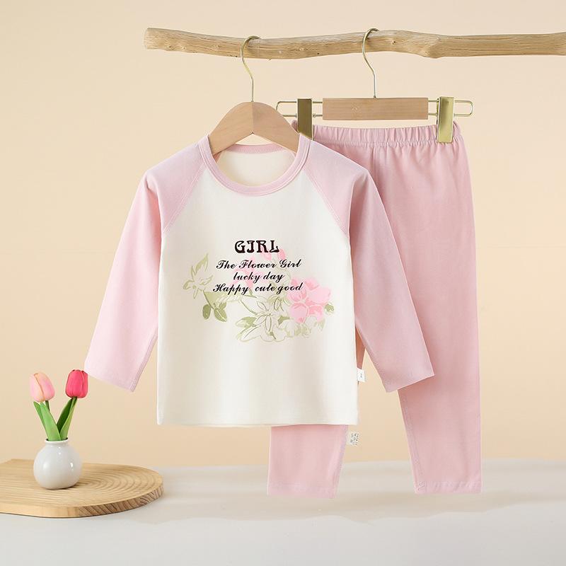 Children Cotton Raglan Long Sleeve Top and Pants Set Boys Girls Thermal Underwear for Spring Fall