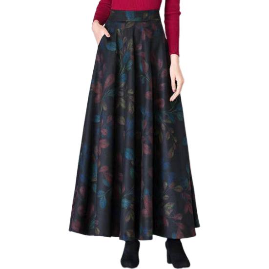 Woolen Skirt Elastic High Waist Large Hem Maxi Skirt with Pockets Plaid Pattern A-Line Autumn Winter Skirt Daily Wear