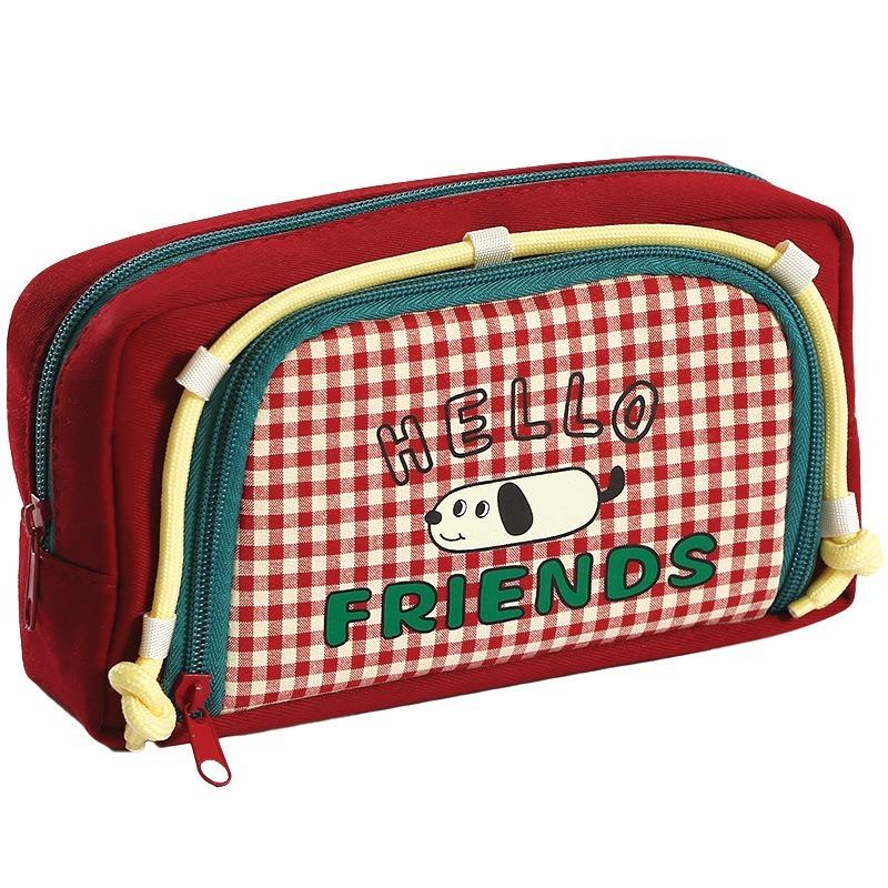 Cartoon Puppy Large Capacity Retro Lattice Window Pencil Bag For Men And Women Universal Cute High Value Dirty Resistant Statio
