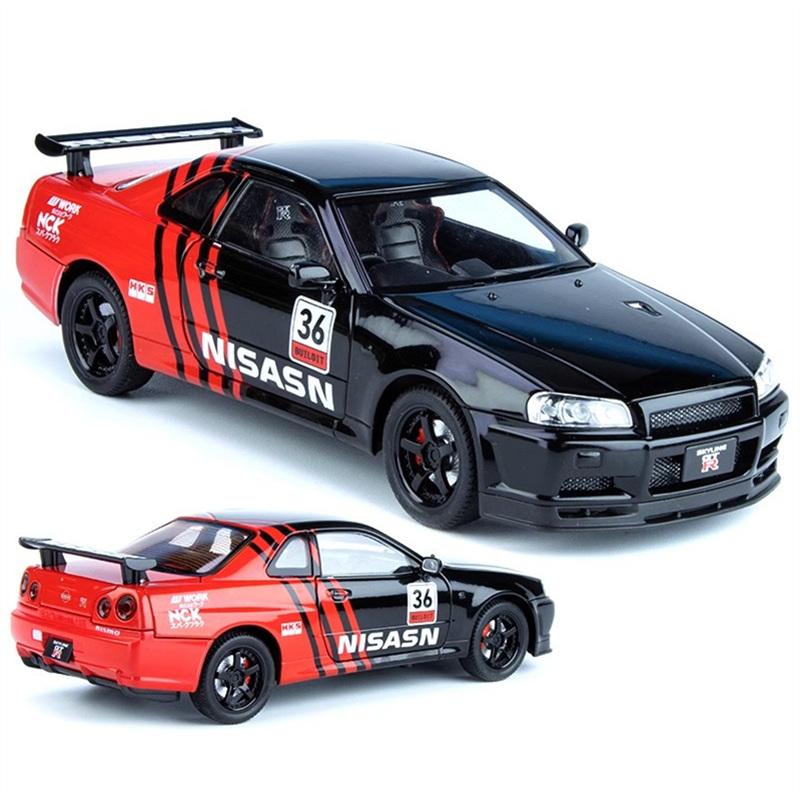1/18 Nissan Skyline Ares GTR GT-R R34 Alloy Track Sports Car Model Diecast Metal Racing Car Vehicle Model Sound and Light Kids Toy Gift