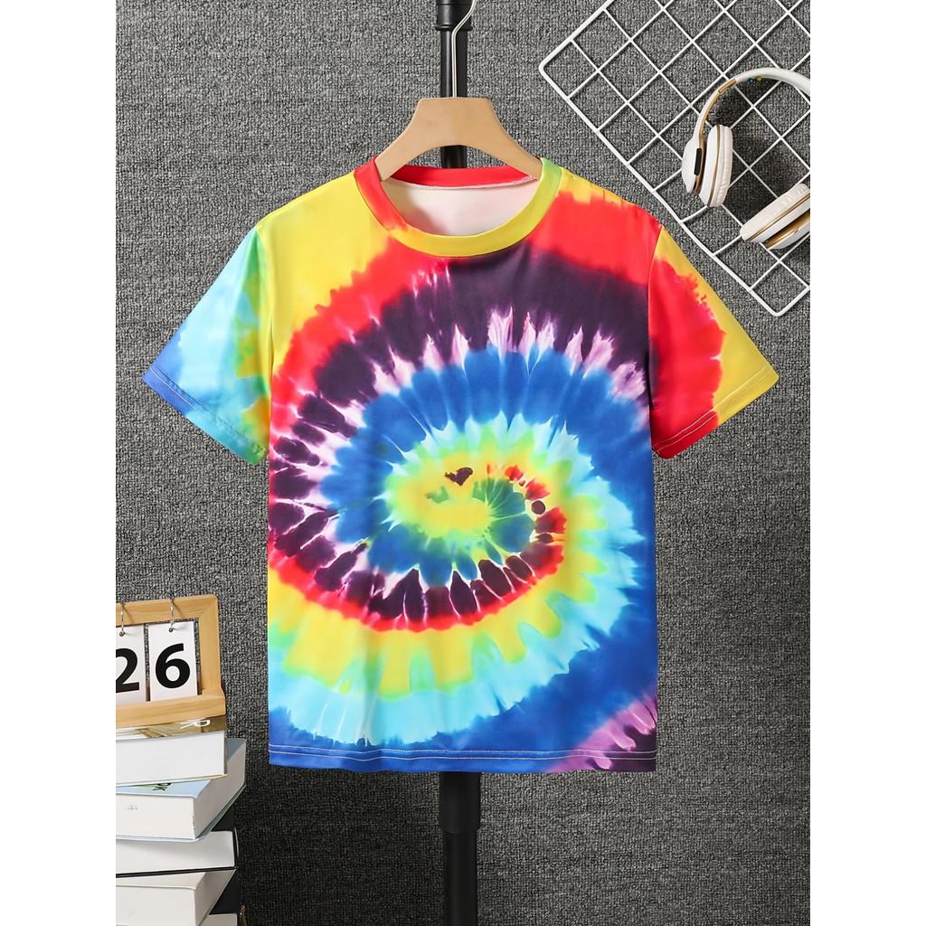 3D Tie-Dye Rainbow Print Kids' T-shirt Summer Fashion Casual Crew Neck Short-Sleeve Top for Boys & Girls
