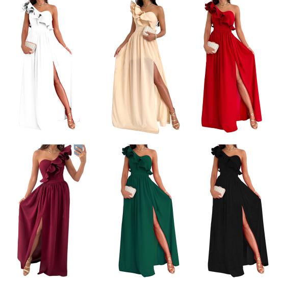 Sleeveless Side Split Flowy Hem Elegant Dress Sexy Skew Collar Ruffle Decor