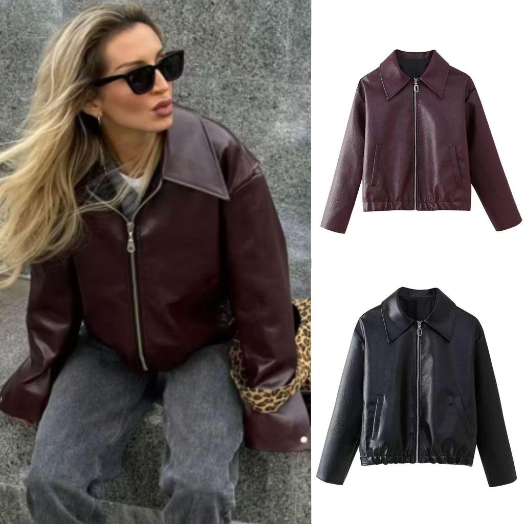 Veste en cuir à revers et manches longues pour femme européenne et américaine, mode de rue automne/hiver