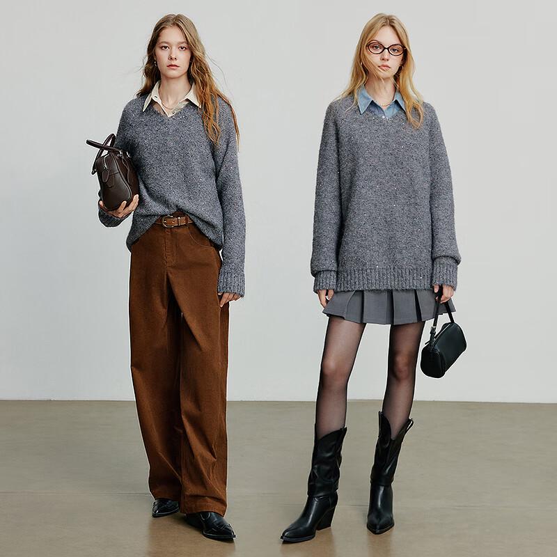 Chuyu Women's Loose V-Neck Sequin Wool Blend Knit Sweater