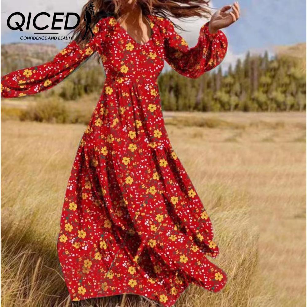 QICED Women's Ruffled Mini Floral Maxi Dress Long Sleeve V-Neck Casual Dresses