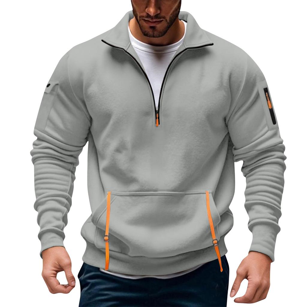 Herren einfarbiges Stehkragen-Sweatshirt halber Reißverschluss Mehrfachtaschen Pullover Sportlich lässiges Kapuzenloses Sweatshirt