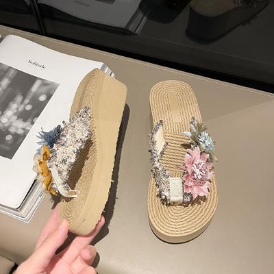 Thick Bottom Heel Flower Seaside Internet Celebrity Cool Slippers 2025 Vacation Wind Beach Cool Slippers Women's Shoes Women's Summer Wear