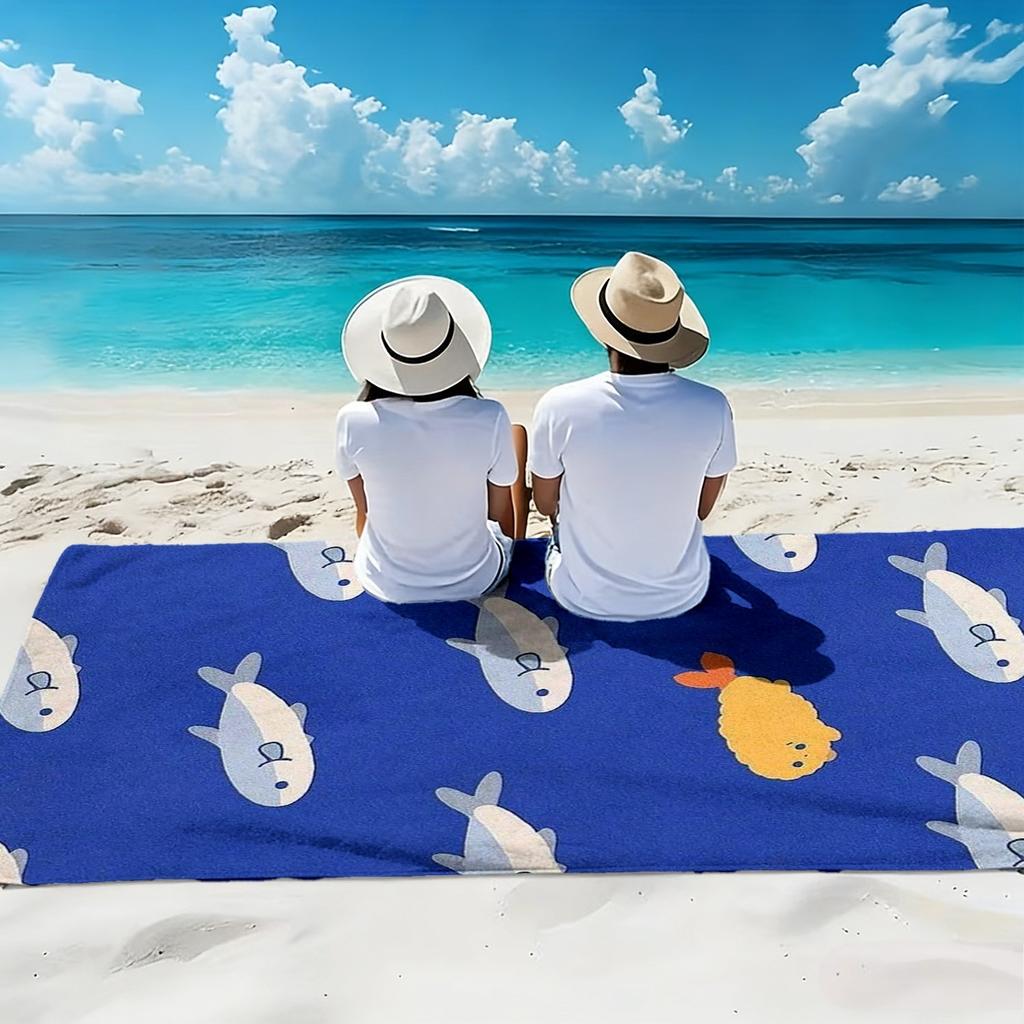 1pc, Oversized Soft Beach Towel in a Cartoon Fish Style, Featuring a Small Fish and Yellow Croaker Fish Print Pattern,Microfiber