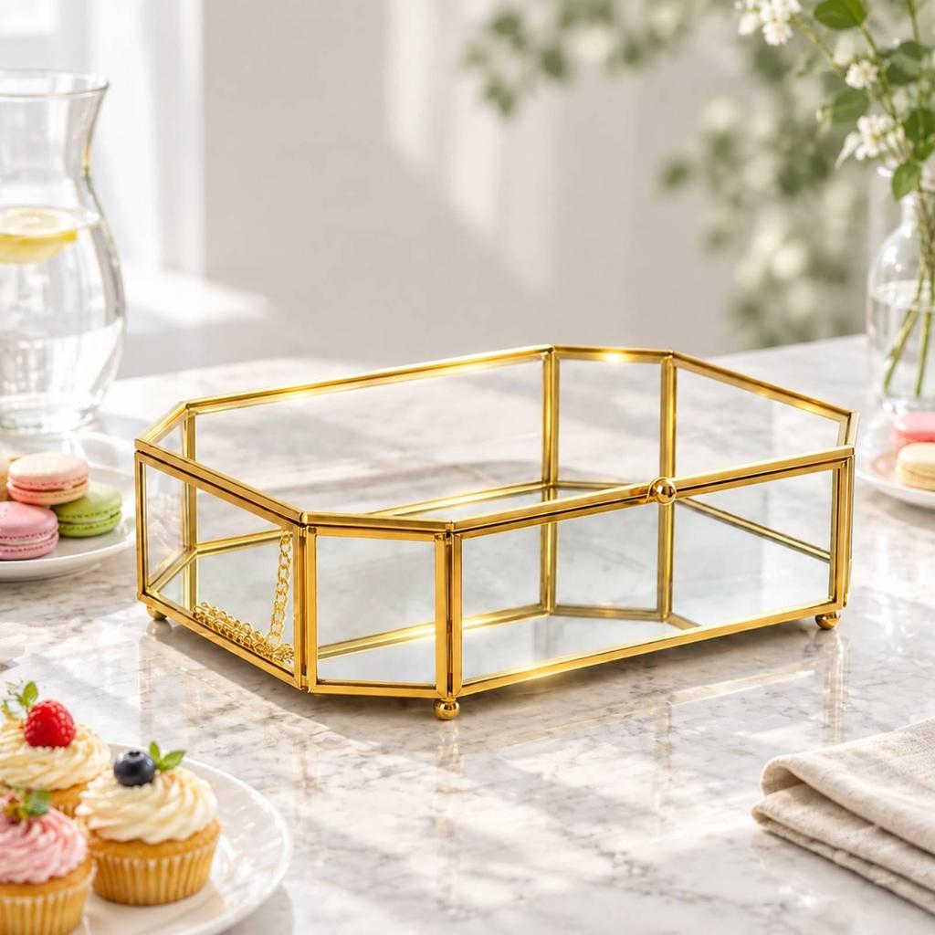 Geometric Glass Jewelry Storage Box Transparent for Dresser, Countertop