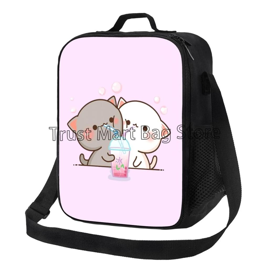 Cartoon Peach and Goma Mochi Cat Insulated Lunch Bag Resuable Leakproof Cooler Thermal Bento Bag with Adjustable Shoulder Strap