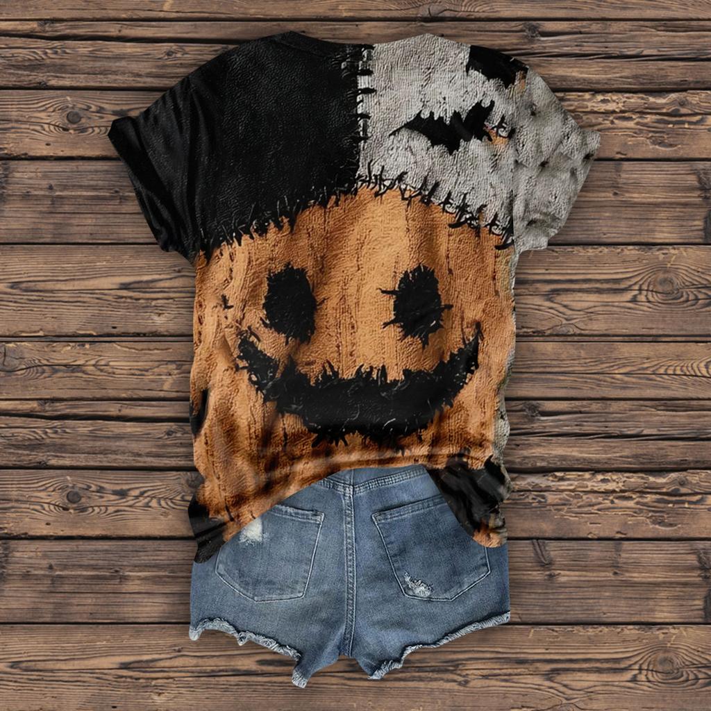 Women's Fashion Casual Three-quarter Sleeve Halloween Letters,  Face Print Top