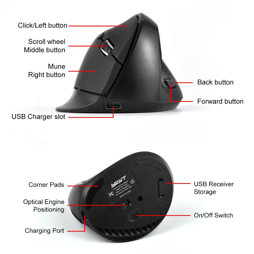 Vertical Mouse Wireless Rechargeable 2.4GHz Ergonomic Movement Speed 2400 6Button Gaming & Office